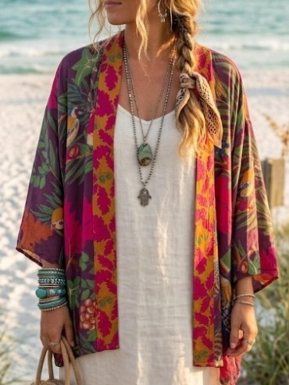 Boho Floral Kimono Cardigan in Magenta & Green-Free Size Lux Garden Cottagecore
